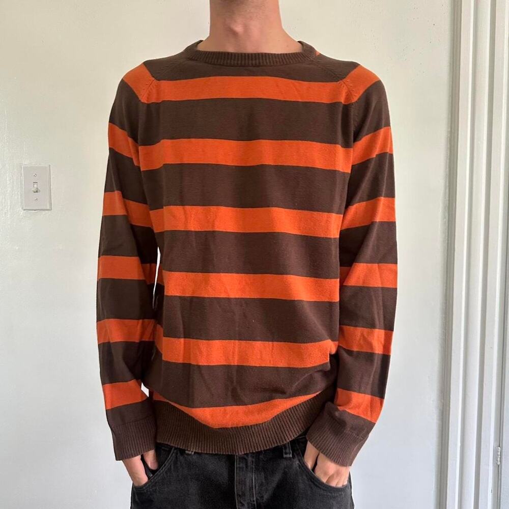 Vintage Y2K 00s Orange Brown Striped Basic Pullover Sweater